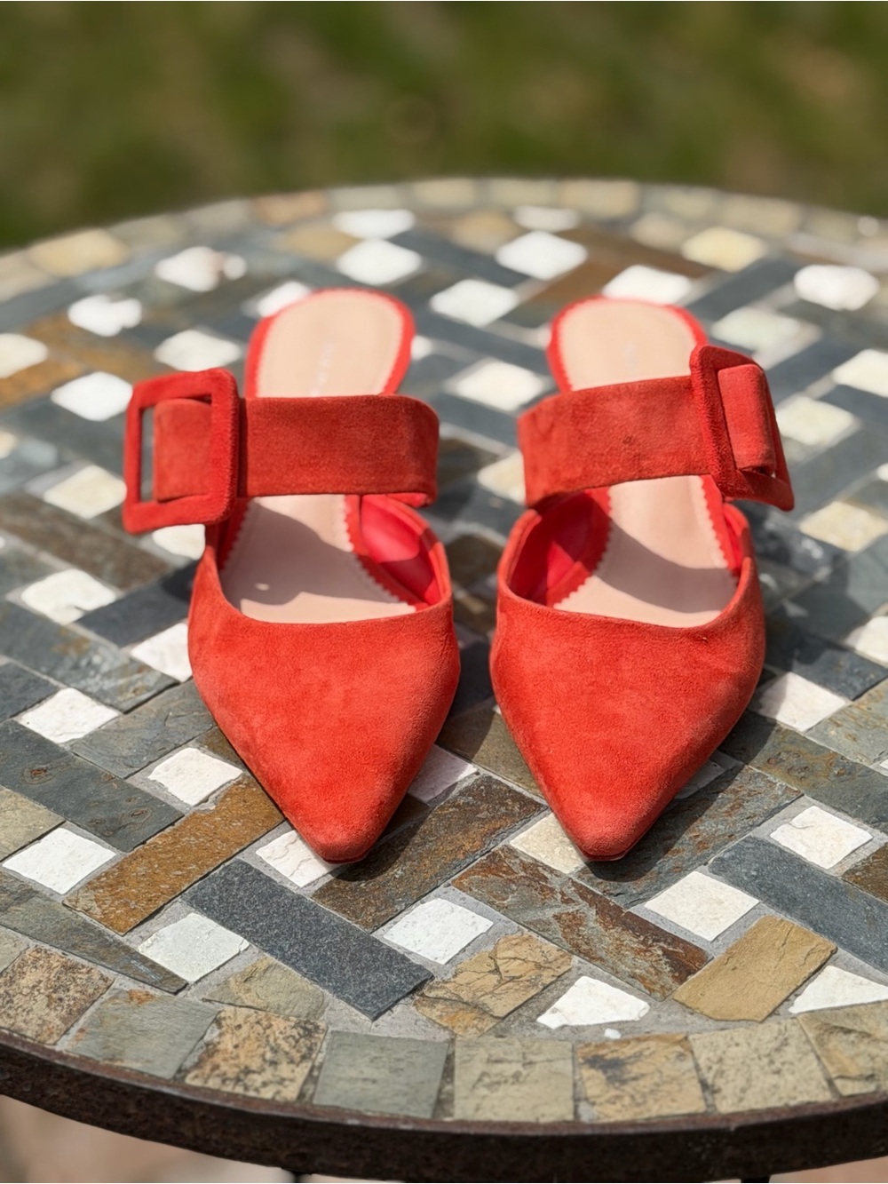 Zara Orange/Red  Suede Pointed Buckle Slip on Mules